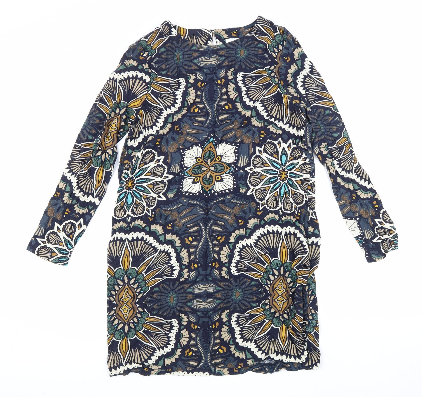 H&M Womens Multicoloured Geometric Viscose A-Line Size 12 Crew Neck Button