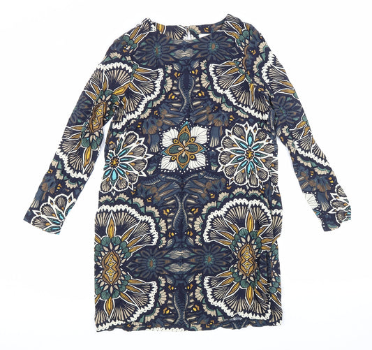 H&M Womens Multicoloured Geometric Viscose A-Line Size 12 Crew Neck Button
