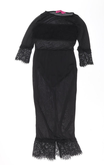 Boohoo Womens Black Polyester Bodycon Size 10 Boat Neck Pullover - Lace Trim