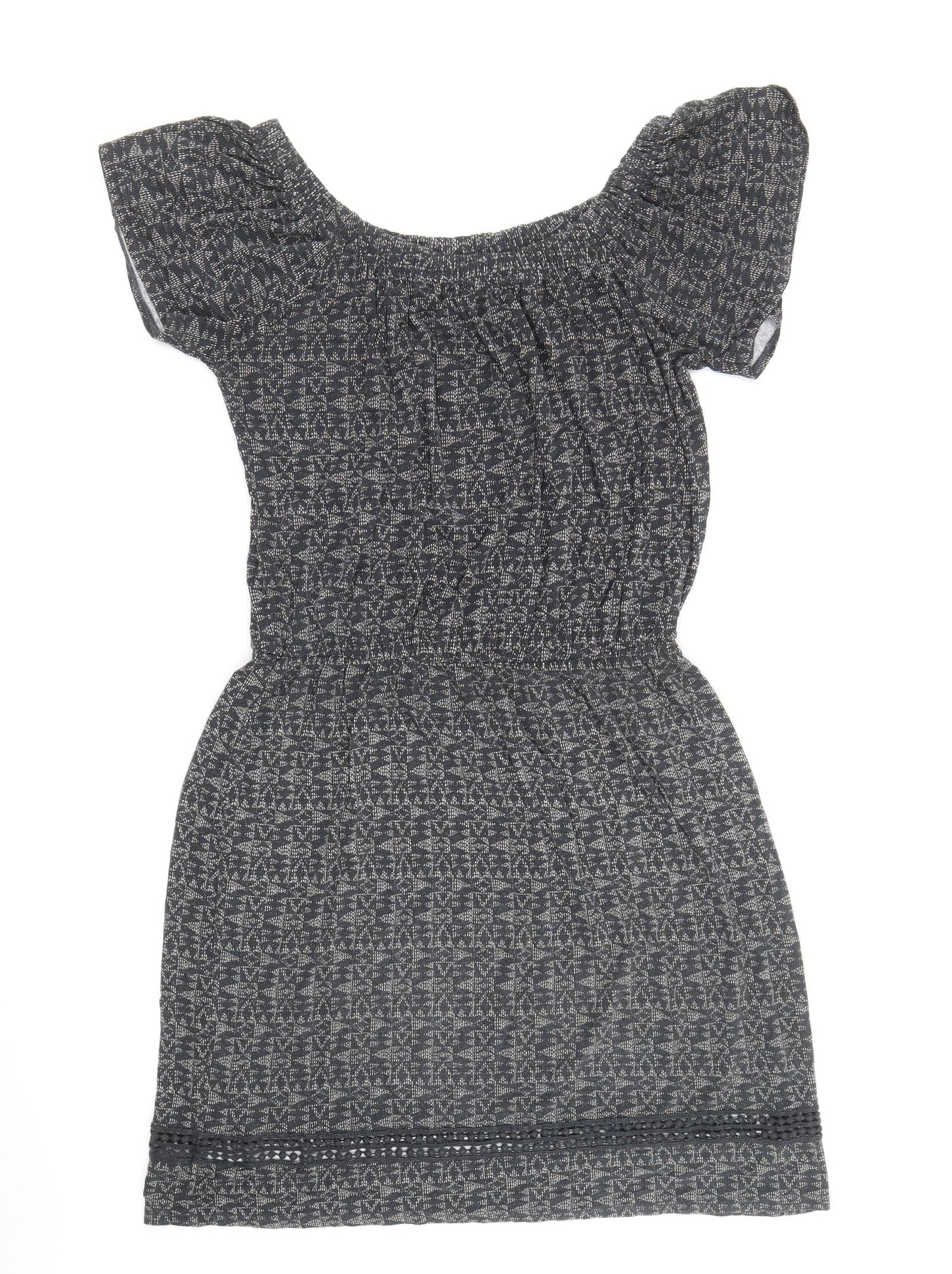 NEXT Womens Grey Geometric Viscose Fit & Flare Size 8 Off the Shoulder Pullover - Bardot