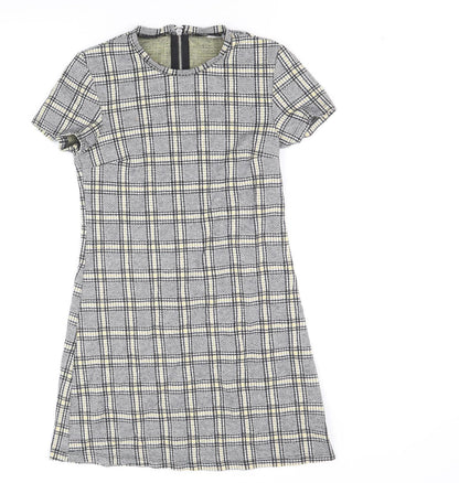 Preworn Womens Black Plaid Cotton A-Line Size 8 Scoop Neck Zip