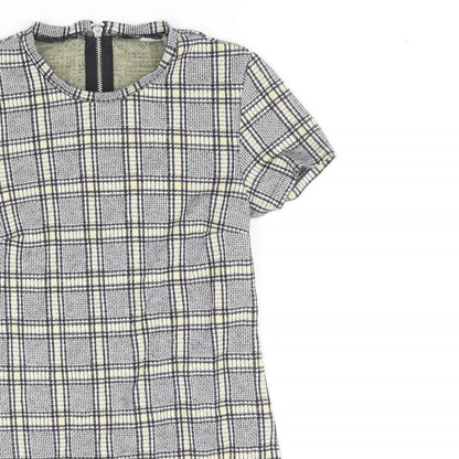 Preworn Womens Black Plaid Cotton A-Line Size 8 Scoop Neck Zip