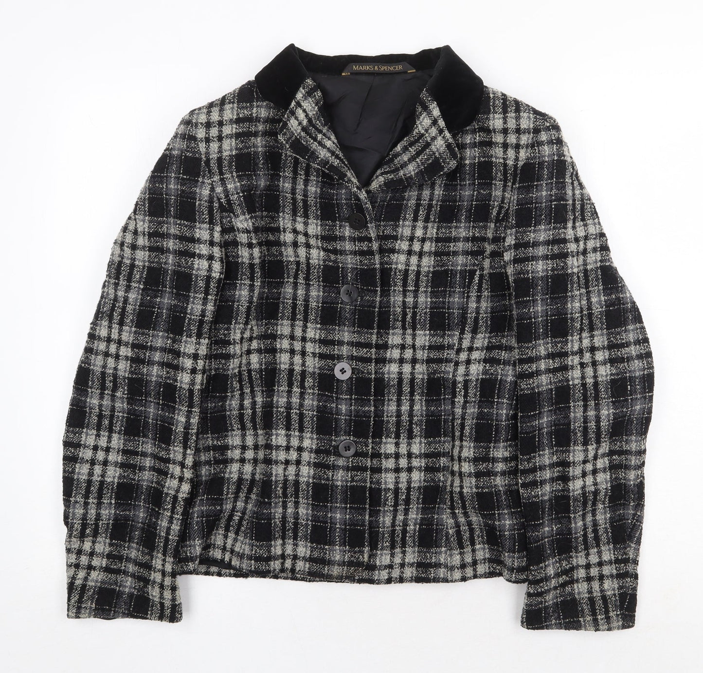 Marks and Spencer Womens Black Plaid Jacket Size 12 Button