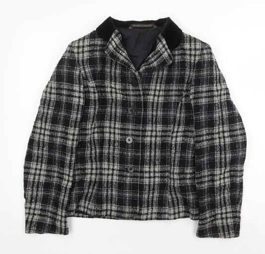 Marks and Spencer Womens Black Plaid Jacket Size 12 Button