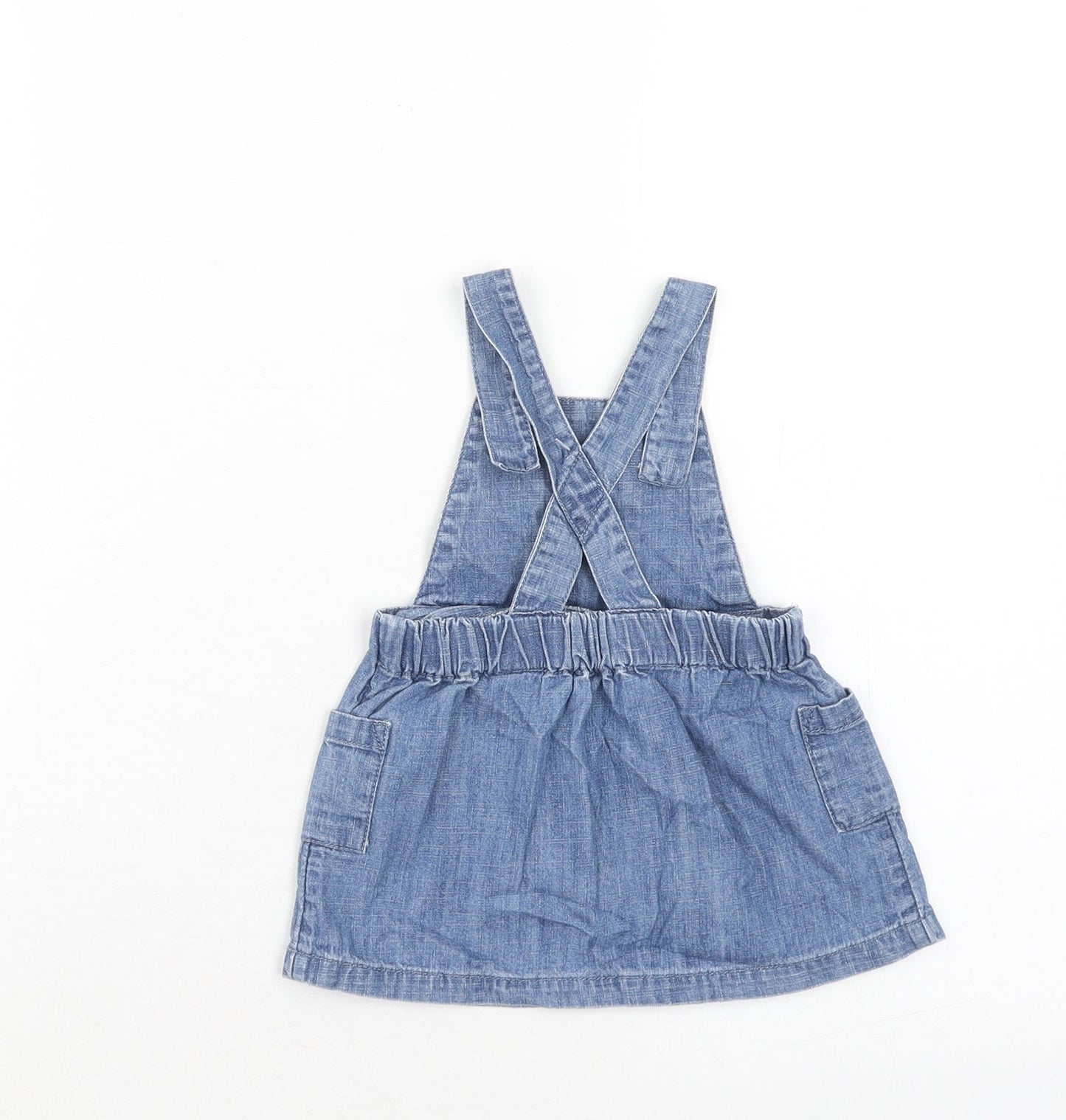 Marks and Spencer Girls Blue Cotton Pinafore/Dungaree Dress Size 3-6 Months Square Neck Button
