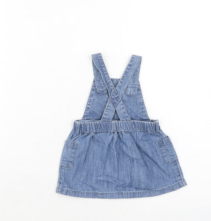 Marks and Spencer Girls Blue Cotton Pinafore/Dungaree Dress Size 3-6 Months Square Neck Button