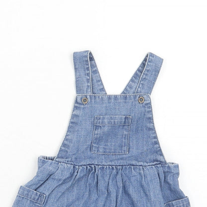 Marks and Spencer Girls Blue Cotton Pinafore/Dungaree Dress Size 3-6 Months Square Neck Button