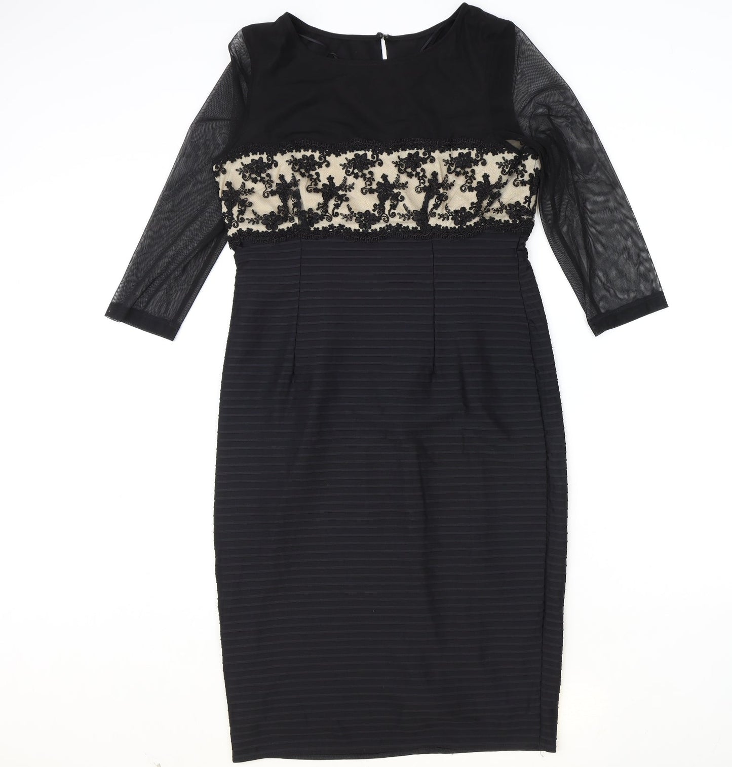 Linear Womens Black Floral Polyester Pencil Dress Size 12 Boat Neck Zip - Mesh Sleeve Detail, Lace Panel