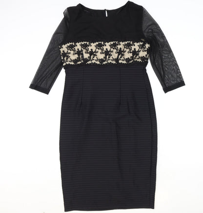 Linear Womens Black Floral Polyester Pencil Dress Size 12 Boat Neck Zip - Mesh Sleeve Detail, Lace Panel