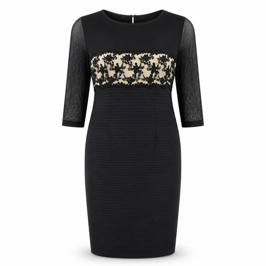 Linear Womens Black Floral Polyester Pencil Dress Size 12 Boat Neck Zip - Mesh Sleeve Detail, Lace Panel