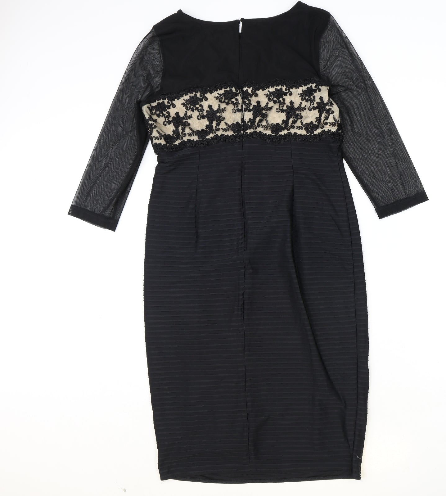 Linear Womens Black Floral Polyester Pencil Dress Size 12 Boat Neck Zip - Mesh Sleeve Detail, Lace Panel