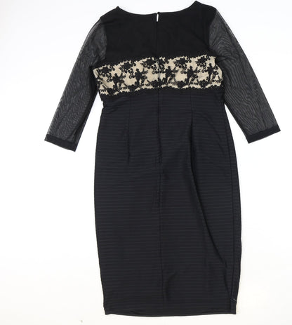 Linear Womens Black Floral Polyester Pencil Dress Size 12 Boat Neck Zip - Mesh Sleeve Detail, Lace Panel
