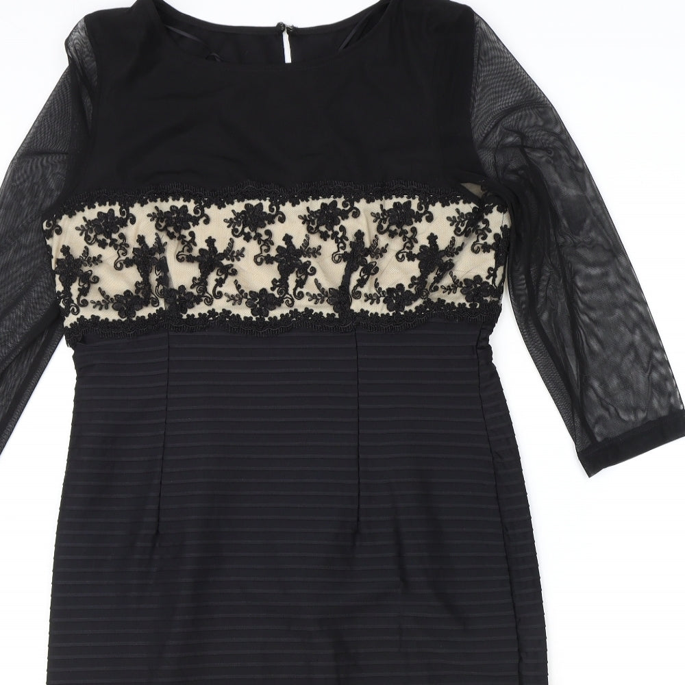 Linear Womens Black Floral Polyester Pencil Dress Size 12 Boat Neck Zip - Mesh Sleeve Detail, Lace Panel