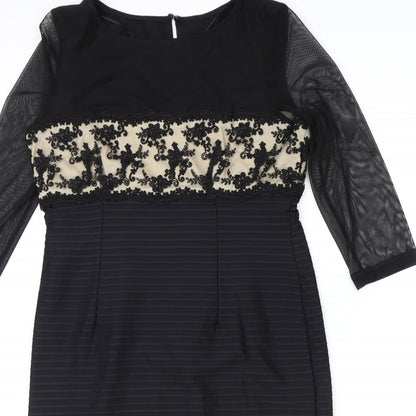 Linear Womens Black Floral Polyester Pencil Dress Size 12 Boat Neck Zip - Mesh Sleeve Detail, Lace Panel