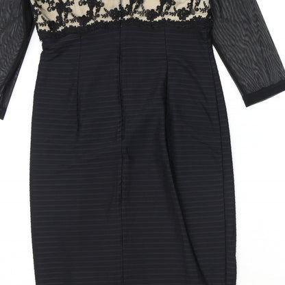 Linear Womens Black Floral Polyester Pencil Dress Size 12 Boat Neck Zip - Mesh Sleeve Detail, Lace Panel