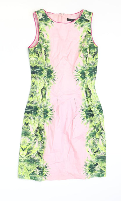 Coast Womens Pink Floral Cotton Pencil Dress Size 8 Boat Neck Zip