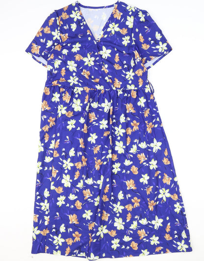Preworn Womens Blue Floral Polyester A-Line Size S V-Neck Pullover