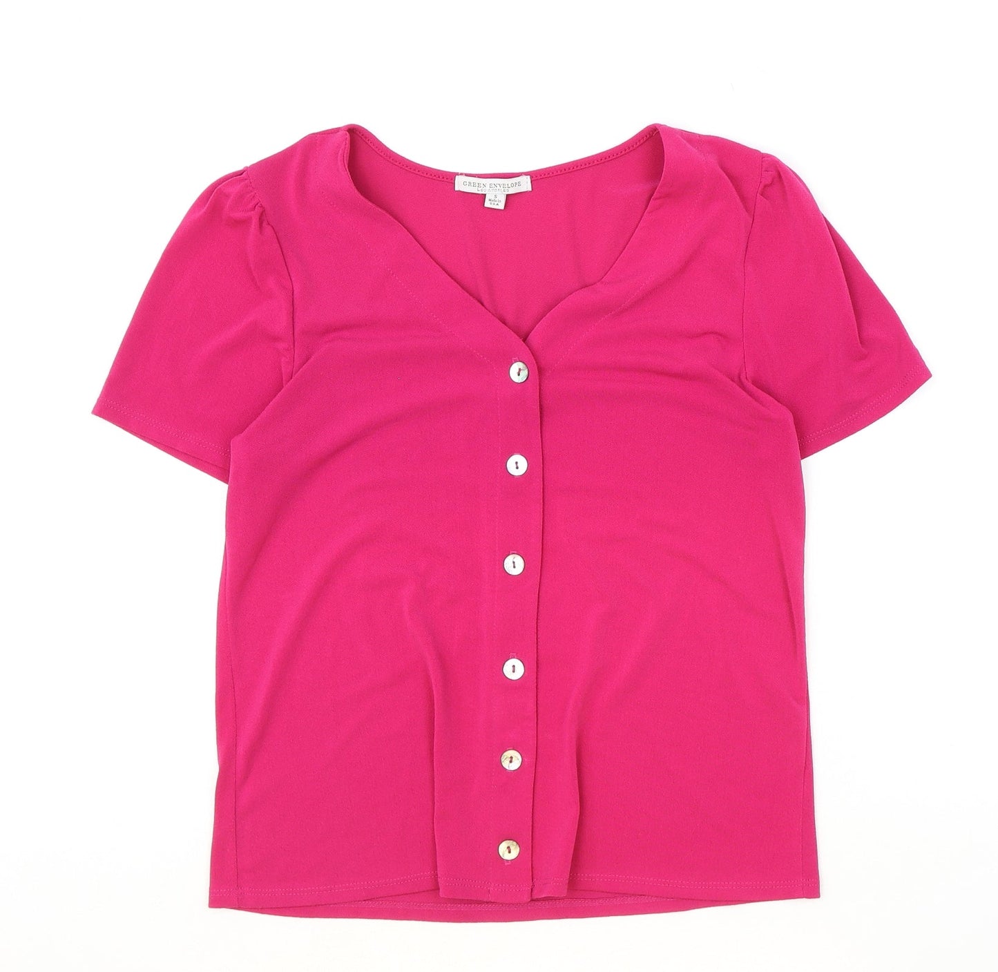 Womens UK Size S Green Envelope Pink Basic Blouse