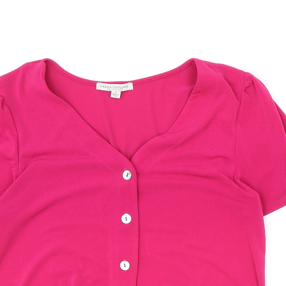 Womens UK Size S Green Envelope Pink Basic Blouse