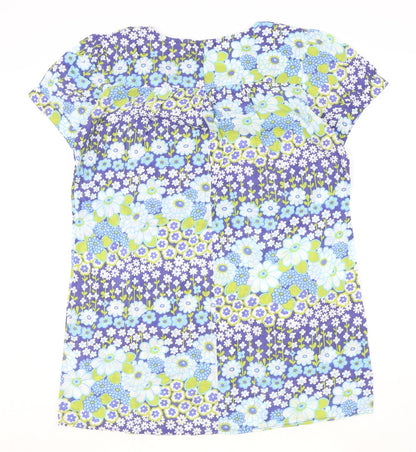 Atmosphere Womens Blue Floral 100% Cotton Shift Size 12 V-Neck Pullover - Tie Neck Detail