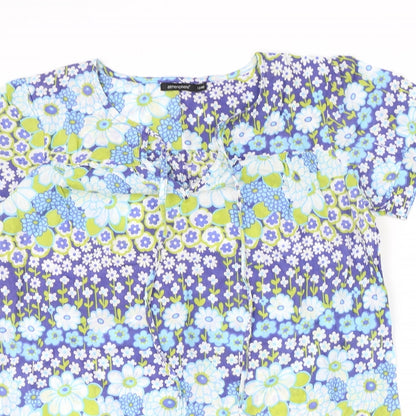 Atmosphere Womens Blue Floral 100% Cotton Shift Size 12 V-Neck Pullover - Tie Neck Detail