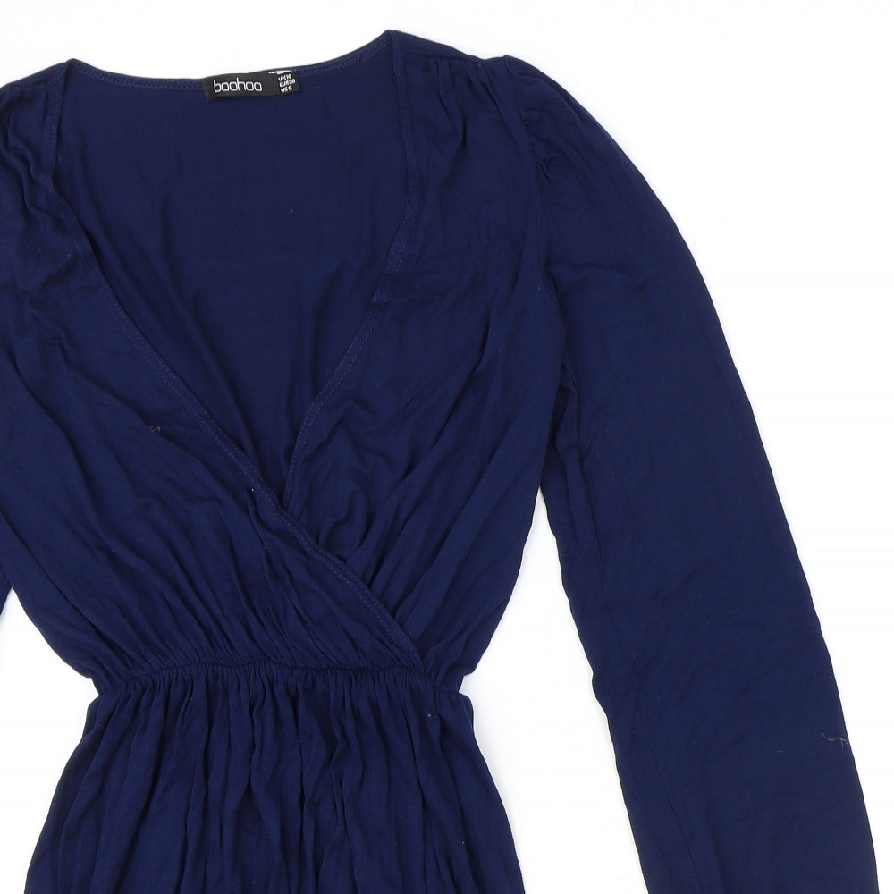 Boohoo Womens Blue Polyester Fit & Flare Size 10 V-Neck Pullover