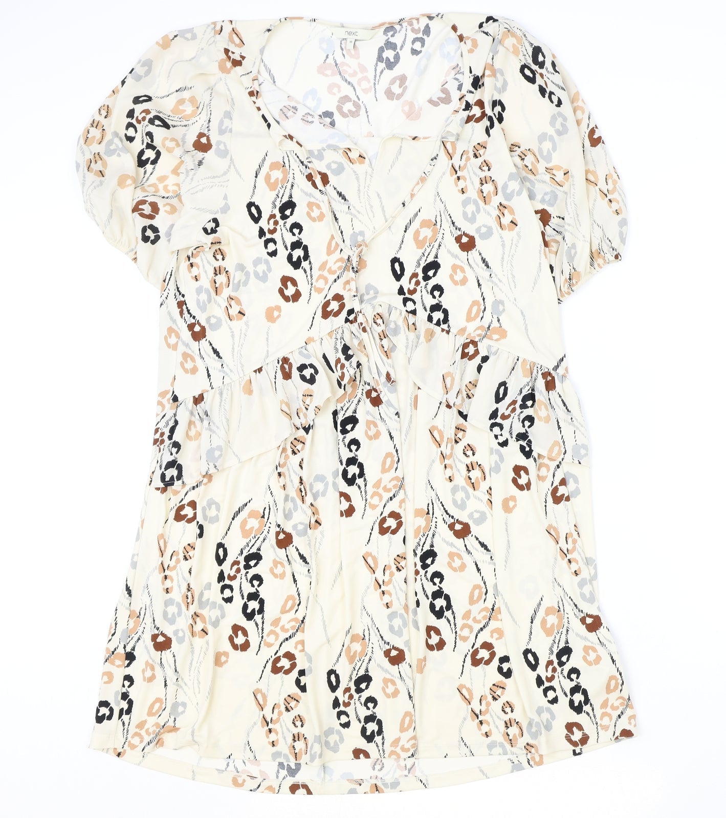 NEXT Womens Beige Animal Print Polyester A-Line Size 10 V-Neck Tie - Tie Neck Detail