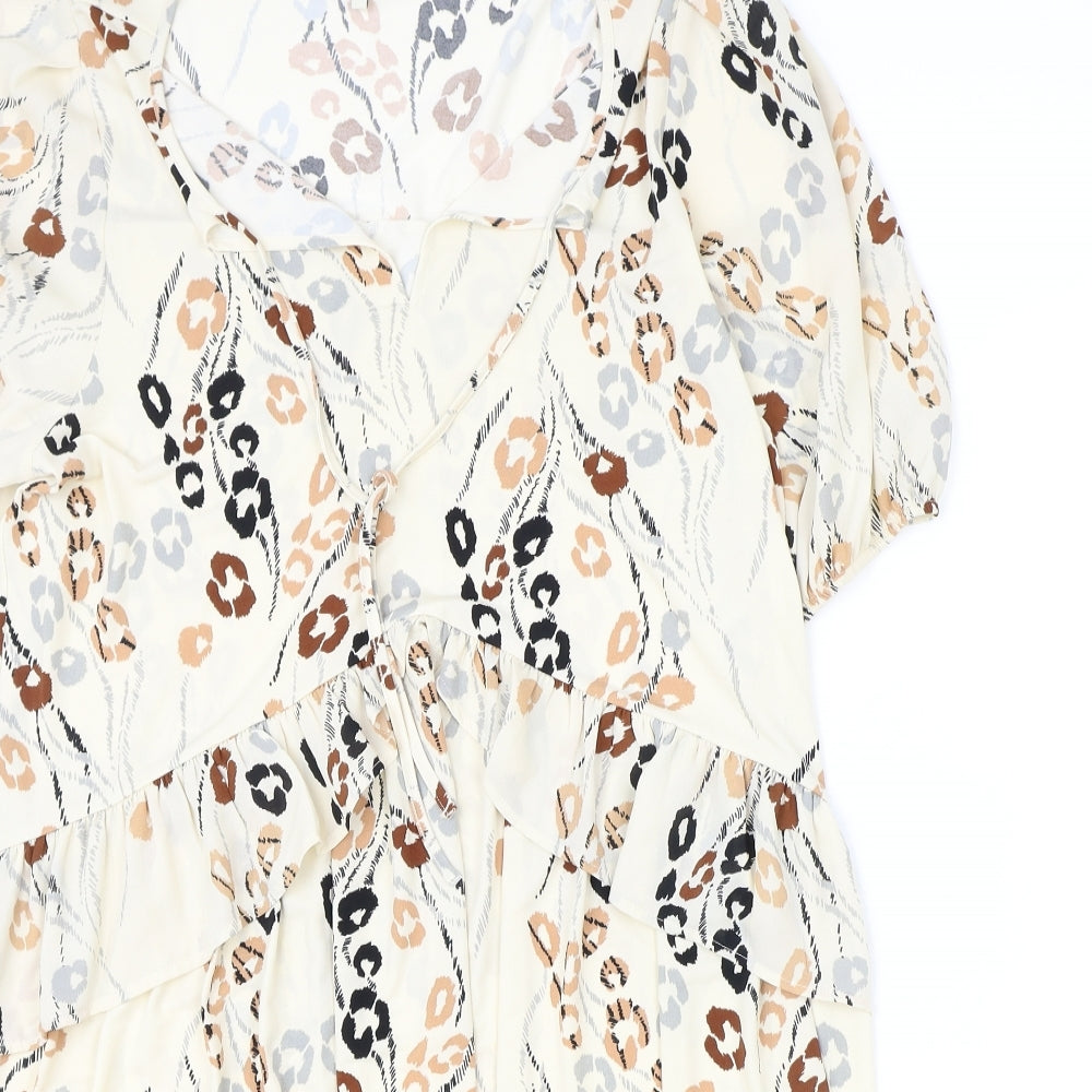 NEXT Womens Beige Animal Print Polyester A-Line Size 10 V-Neck Tie - Tie Neck Detail