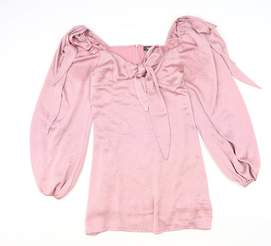 Missguided Womens Pink Polyester Shift Size 10 Sweetheart Zip - Shoulder Tie Detail