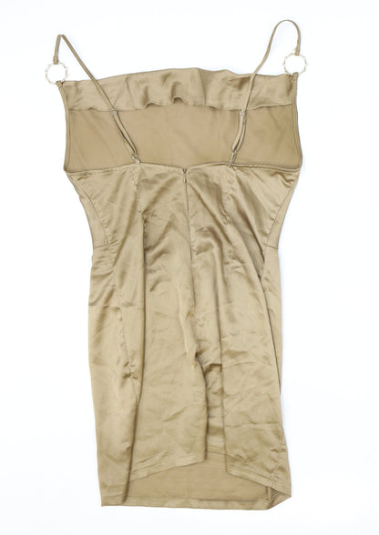 PRETTYLITTLETHING Womens Gold Polyester Bodycon Size 10 Square Neck Zip