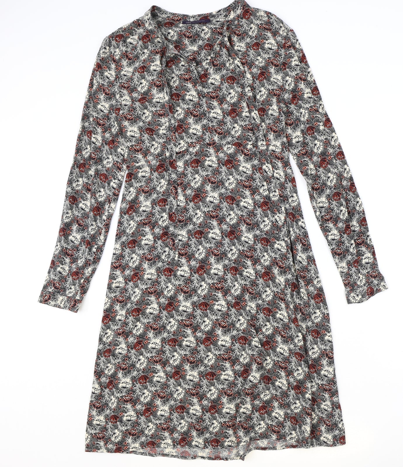 Marks and Spencer Womens Black Geometric Viscose A-Line Size 10 V-Neck Zip
