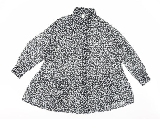 H&M Womens Black Floral Polyester Shirt Dress Size 8 Collared Button - Tiered