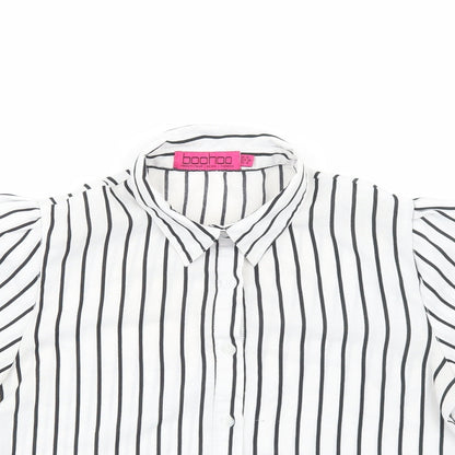 Boohoo Womens White Striped Polyester Basic Button-Up Size 8 Collared