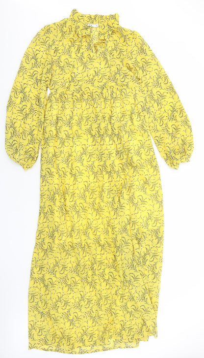 Nakd Womens Yellow Floral Polyester A-Line Size 6 V-Neck Pullover - Tie Neck Detail