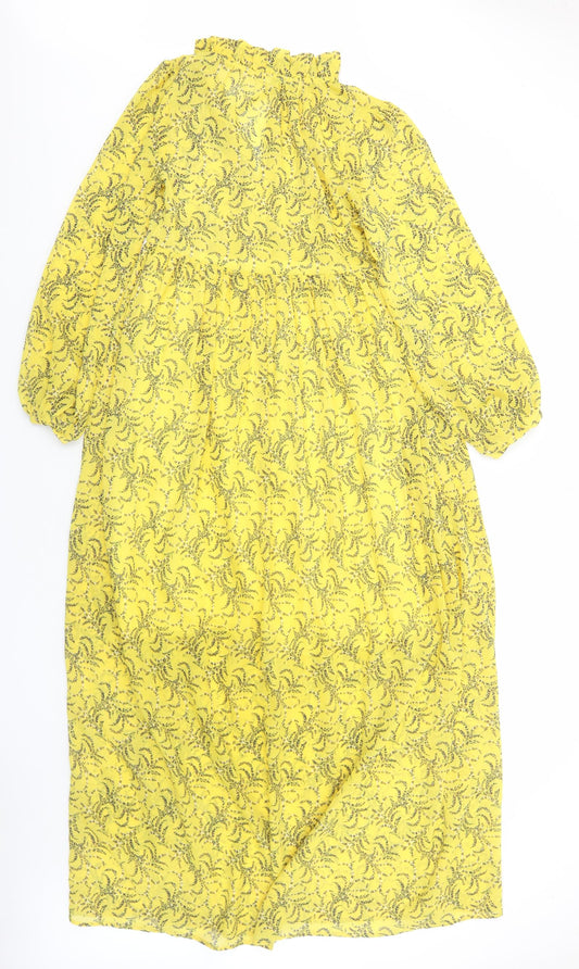 Nakd Womens Yellow Floral Polyester A-Line Size 6 V-Neck Pullover - Tie Neck Detail