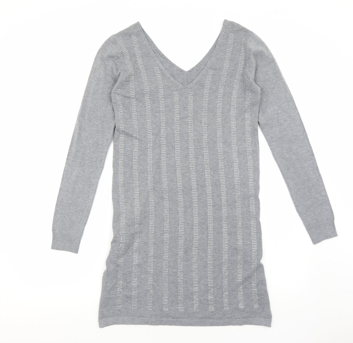 TU Womens Grey Striped Viscose Jumper Dress Size M V-Neck Pullover