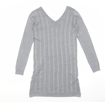 TU Womens Grey Striped Viscose Jumper Dress Size M V-Neck Pullover