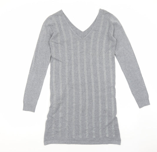 TU Womens Grey Striped Viscose Jumper Dress Size M V-Neck Pullover