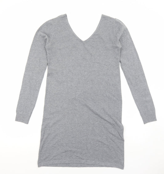 TU Womens Grey Striped Viscose Jumper Dress Size M V-Neck Pullover