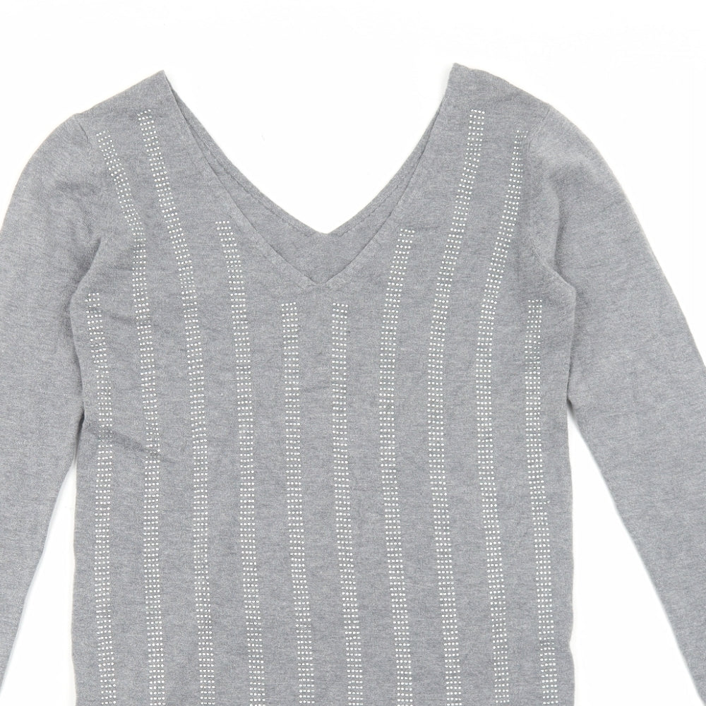TU Womens Grey Striped Viscose Jumper Dress Size M V-Neck Pullover