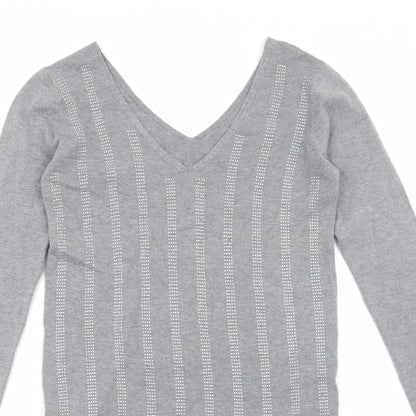 TU Womens Grey Striped Viscose Jumper Dress Size M V-Neck Pullover