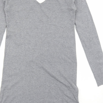TU Womens Grey Striped Viscose Jumper Dress Size M V-Neck Pullover