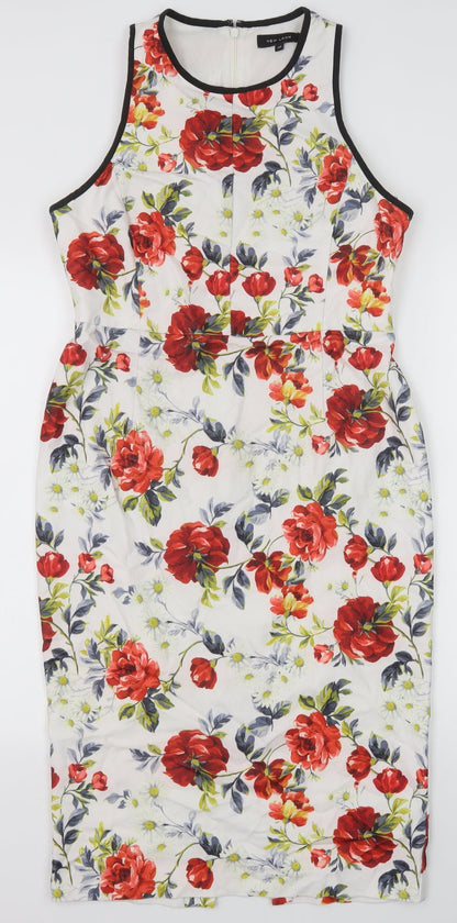 New Look Womens White Floral Viscose Pencil Dress Size 12 Scoop Neck Zip