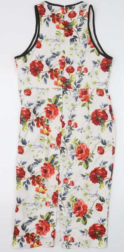 New Look Womens White Floral Viscose Pencil Dress Size 12 Scoop Neck Zip