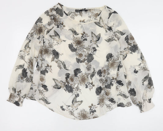 F&F Womens Ivory Floral Polyester Basic Blouse Size 6 Round Neck
