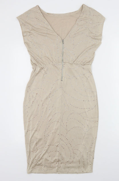 Dorothy Perkins Womens Beige Geometric Polyester Sheath Size 10 Round Neck Zip