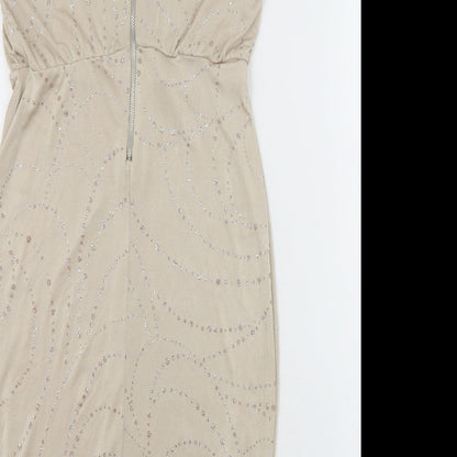 Dorothy Perkins Womens Beige Geometric Polyester Sheath Size 10 Round Neck Zip