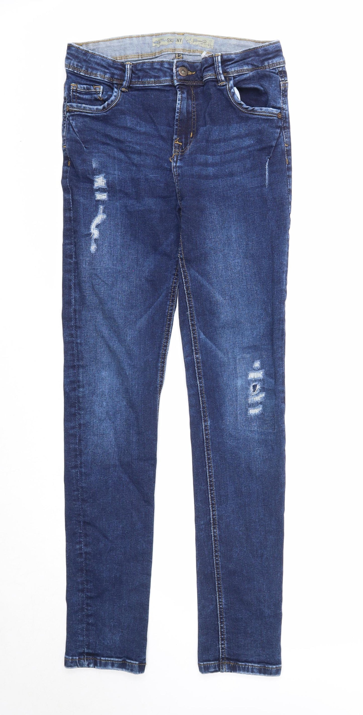 Denim & Co. Girls Blue Cotton Skinny Jeans Size 12-13 Years Regular Zip - Distressed