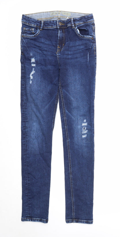 Denim & Co. Girls Blue Cotton Skinny Jeans Size 12-13 Years Regular Zip - Distressed