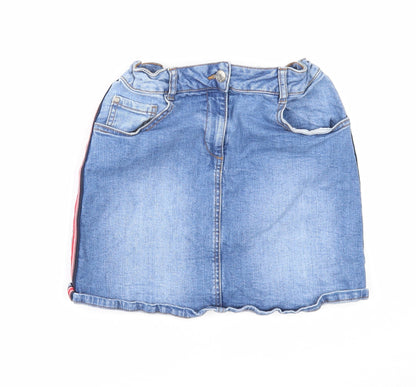 Denim & Co. Girls Blue Cotton Mini Skirt Size 11-12 Years Regular Zip - Side Stripe